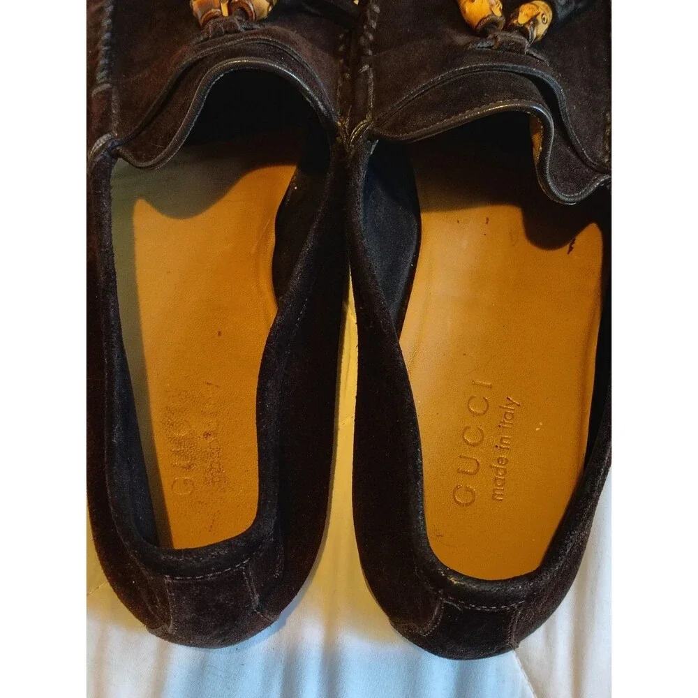 GUCCI Dark Brown Suede Bamboo Tassel Drivers Loafers Mens Size 7.5 D Made in...